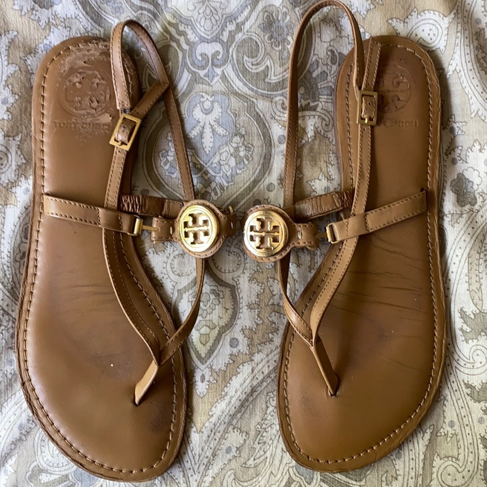 Tory Burch tan and gold t strap sandals